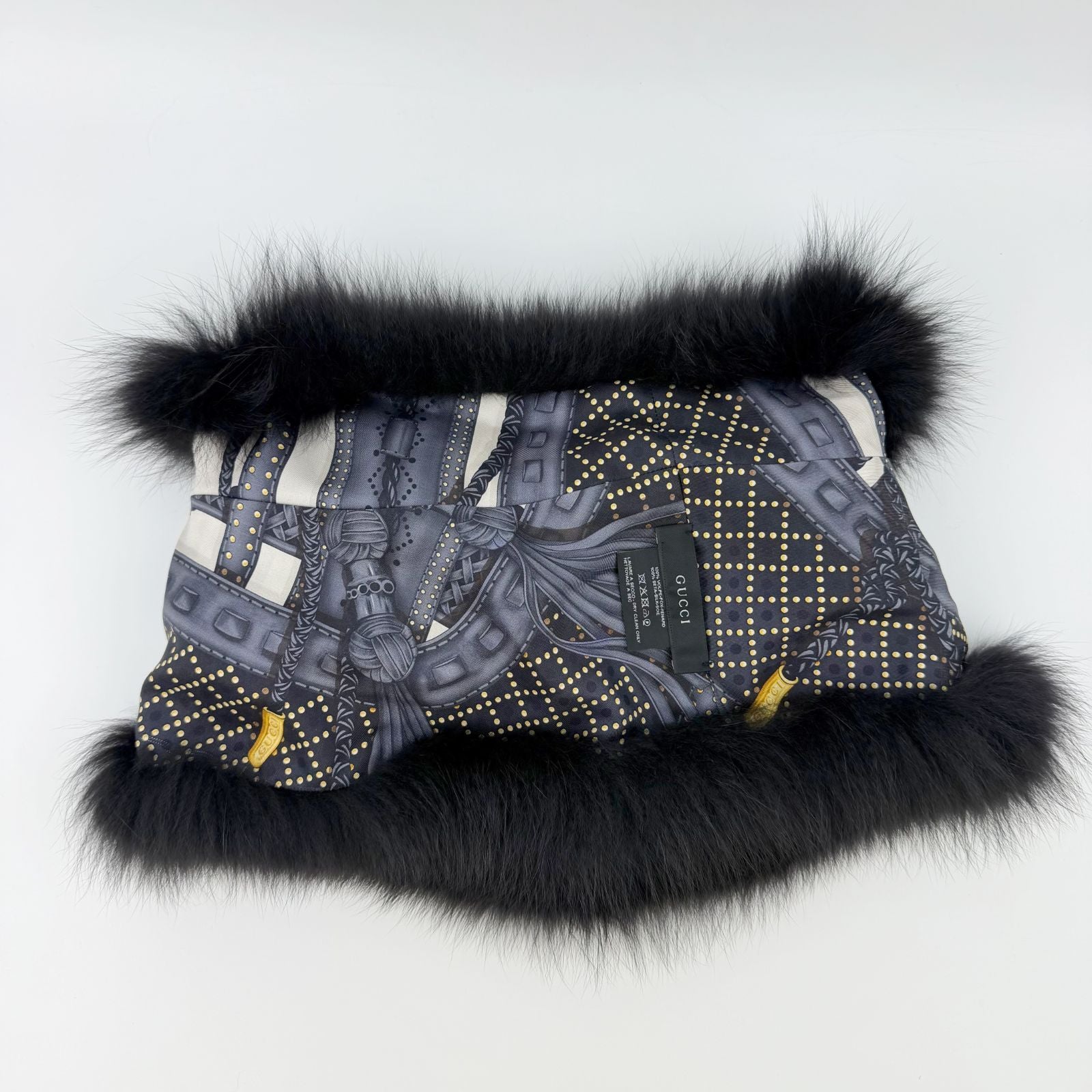 Gucci Fur Trim Silk Shawl Black Vintage Scarf