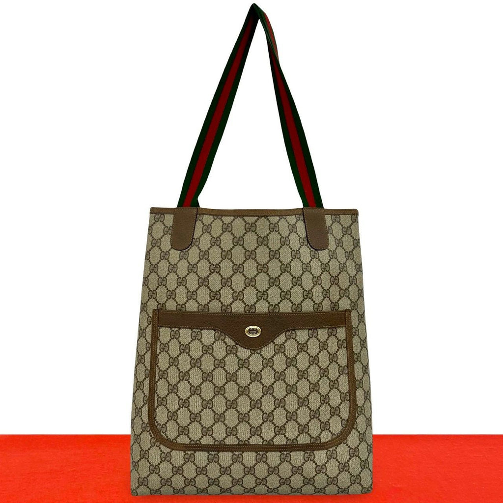 Gucci Vintage Sherry Line GG Logo Leather Tote Brown