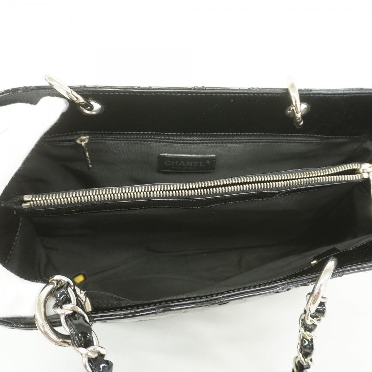 Chanel Chain Tote Quilted Patent Leather Black Silver — view 4