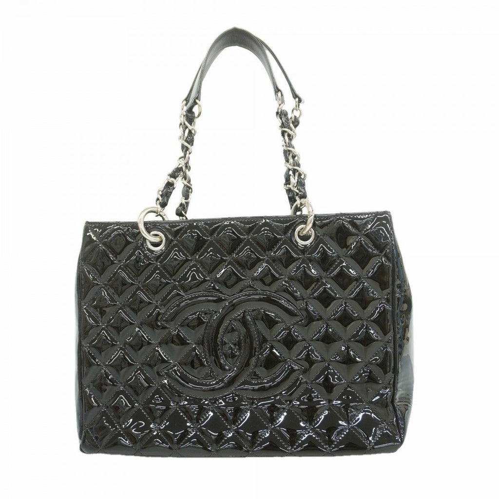 Chanel Chain Tote Quilted Patent Leather Black Silver