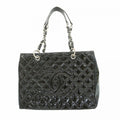 Chanel Chain Tote Quilted Patent Leather Black Silver