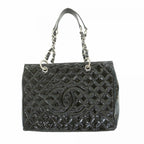 Chanel Chain Tote Quilted Patent Leather Black Silver