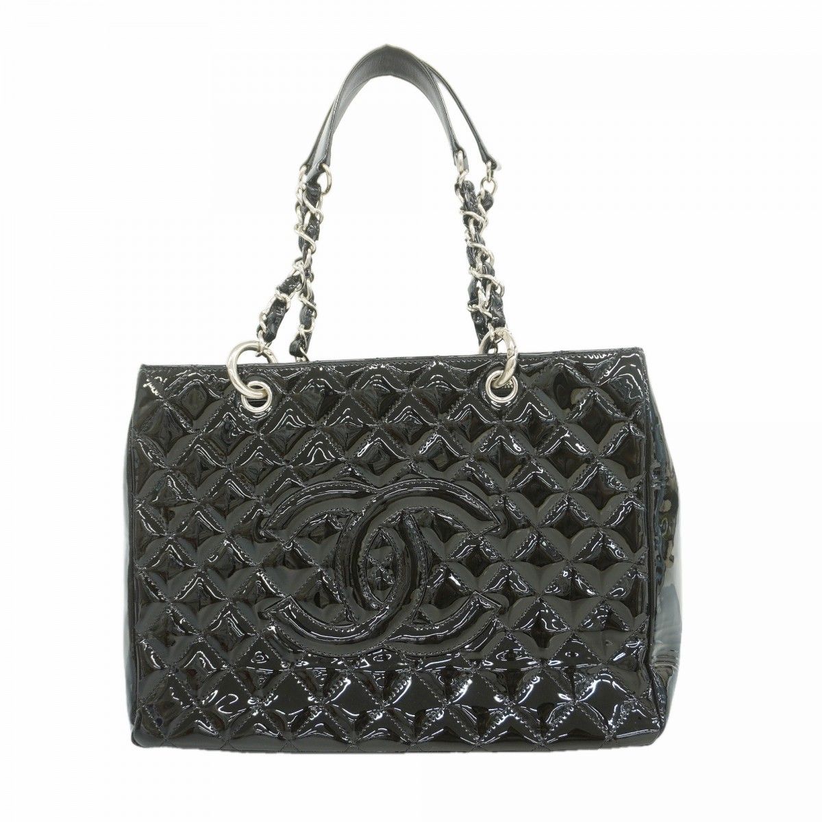 Chanel Chain Tote Quilted Patent Leather Black Silver