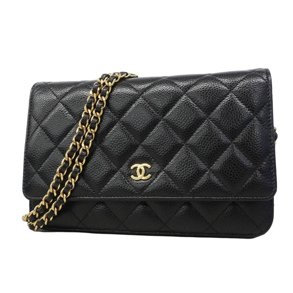 Chanel Shoulder Wallet Quilted Caviar Leather Black Gold