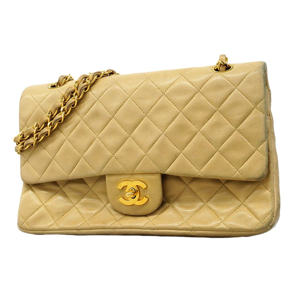 Chanel Shoulder Bag Quilted Lambskin Beige Gold