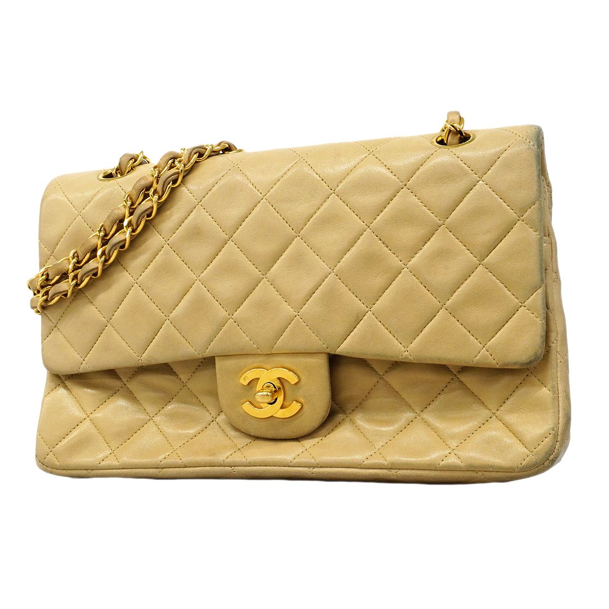Chanel Shoulder Bag Quilted Lambskin Beige Gold