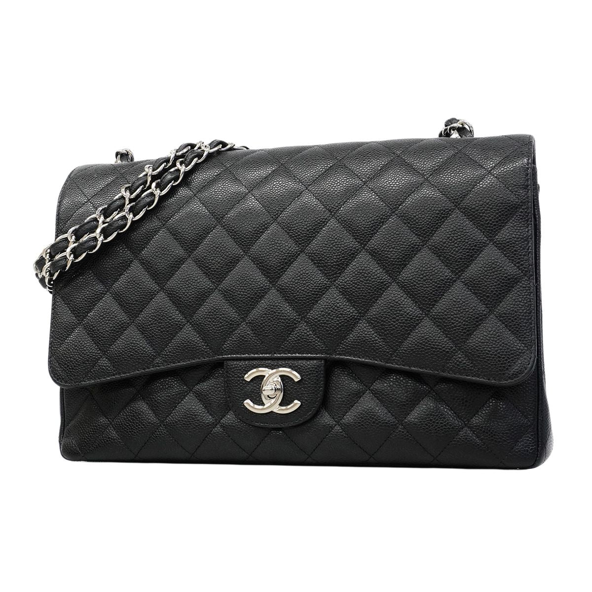 Chanel Shoulder Bag Deca Quilted Caviar Leather Black Silver