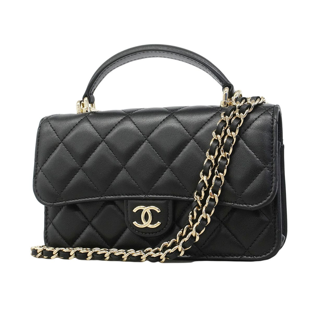 Chanel Phone Case Quilted Lambskin Black Champagne Gold 2-Way