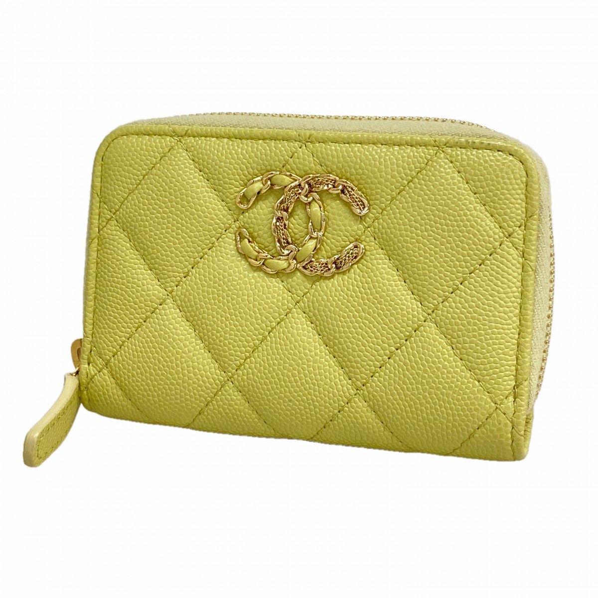 Chanel Coin Case Quilted Caviar Leather Light Green Gold