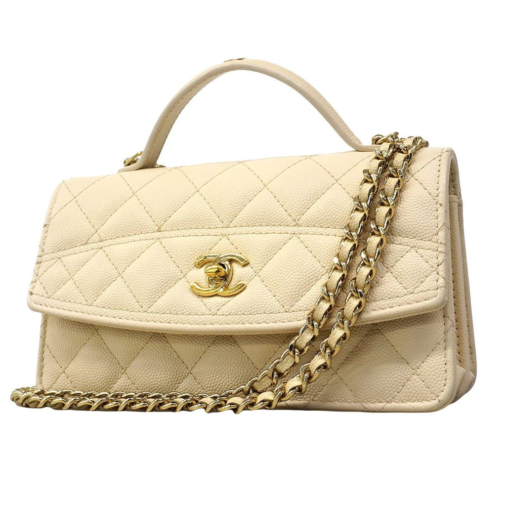 Chanel Handbag Quilted Caviar Leather Ivory Champagne Gold 2-Way