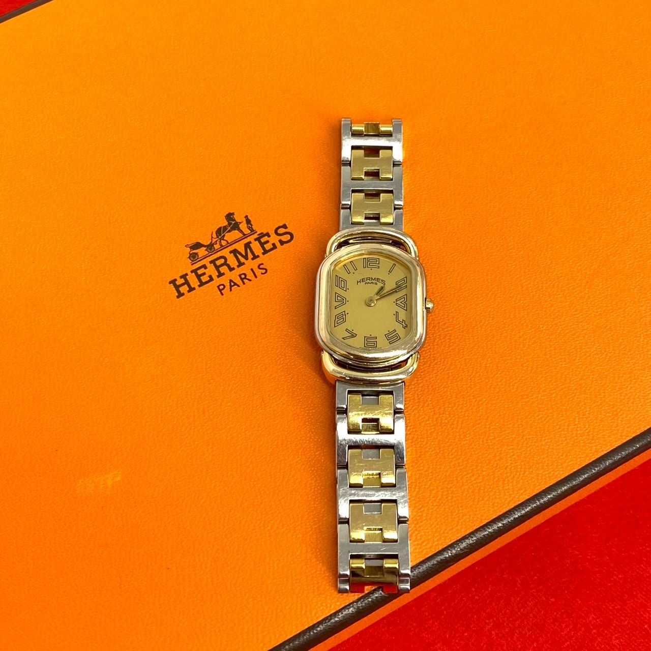 Hermes Vintage Rallye Logo Stainless Quartz Wrist Watch Silver Gold
