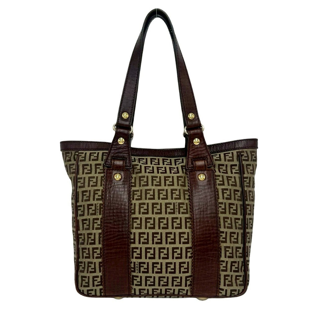Fendi Zucchino FF Pattern Canvas Leather Tote Shoulder Bag Brown — view 3