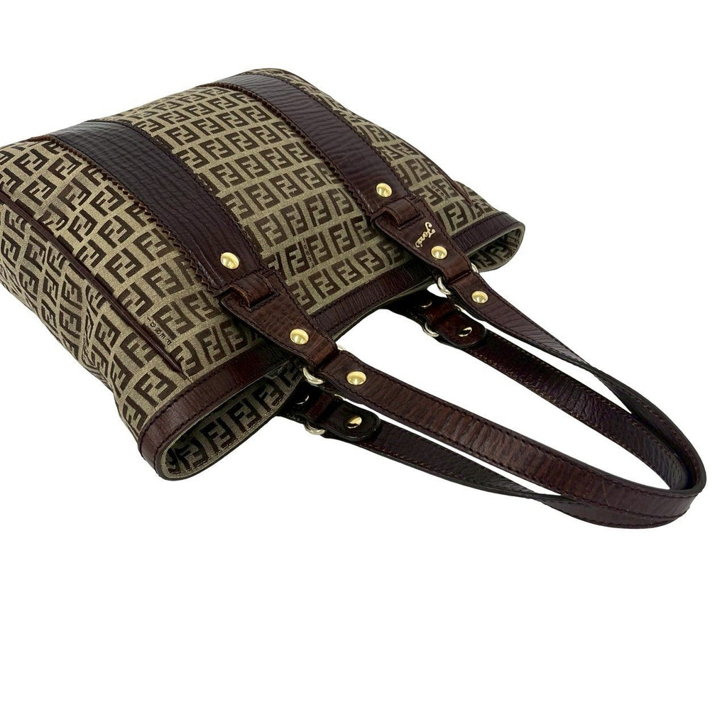 Fendi Zucchino FF Pattern Canvas Leather Tote Shoulder Bag Brown — view 4
