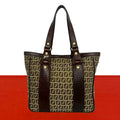 Fendi Zucchino FF Pattern Canvas Leather Tote Shoulder Bag Brown