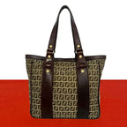 Fendi Zucchino FF Pattern Canvas Leather Tote Shoulder Bag Brown