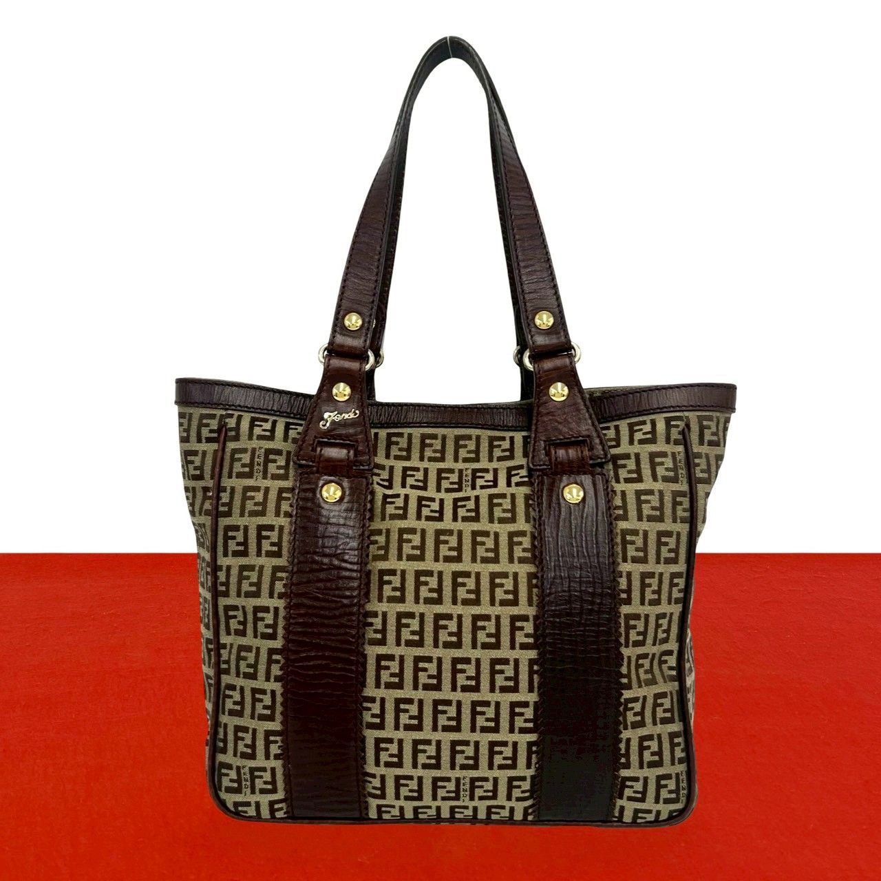 Fendi Zucchino FF Pattern Canvas Leather Tote Shoulder Bag Brown