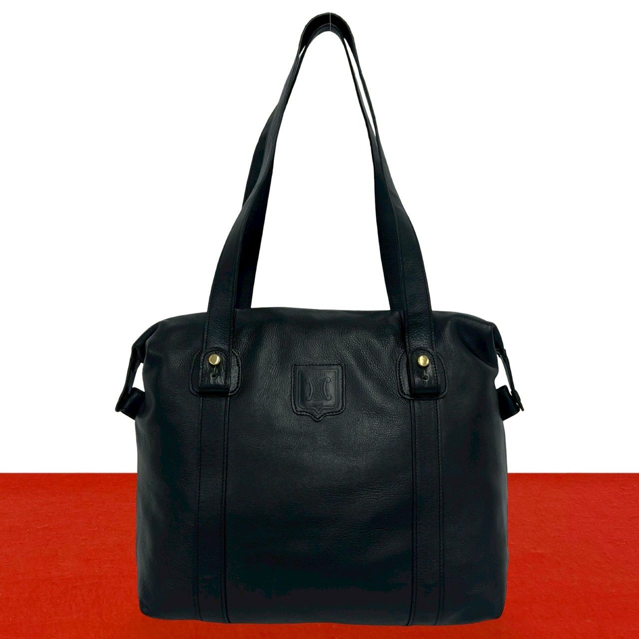 Celine Vintage Triomphe Logo Leather Tote Shoulder Bag Mini Black