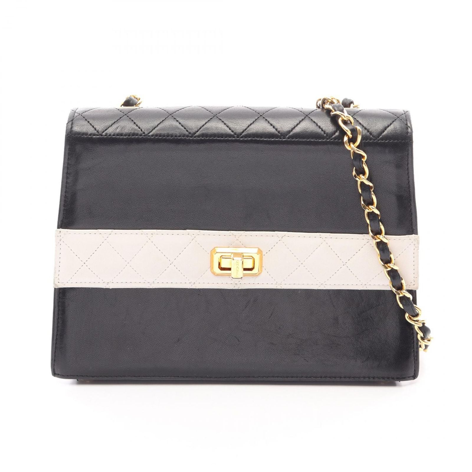 Chanel Shoulder Bag Quilted Black White Lambskin Bicolor Chain