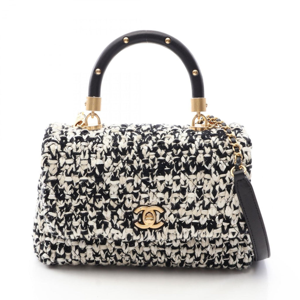 Chanel Handbag Quilted 2-Way Black White Fabric Leather Top Handle Chain