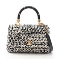 Chanel Handbag Quilted 2-Way Black White Fabric Leather Top Handle Chain