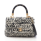 Chanel Handbag Quilted 2-Way Black White Fabric Leather Top Handle Chain