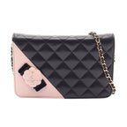 Chanel Shoulder Bag Quilted Camellia Black Pink Lambskin Chain Wallet