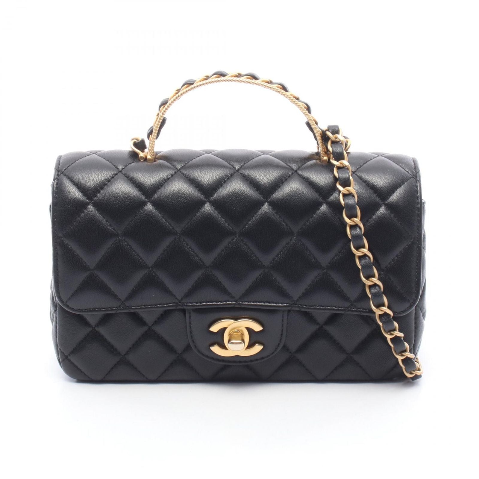 Chanel Shoulder Bag Quilted Top Handle 2-Way Black Lambskin Mini Chain