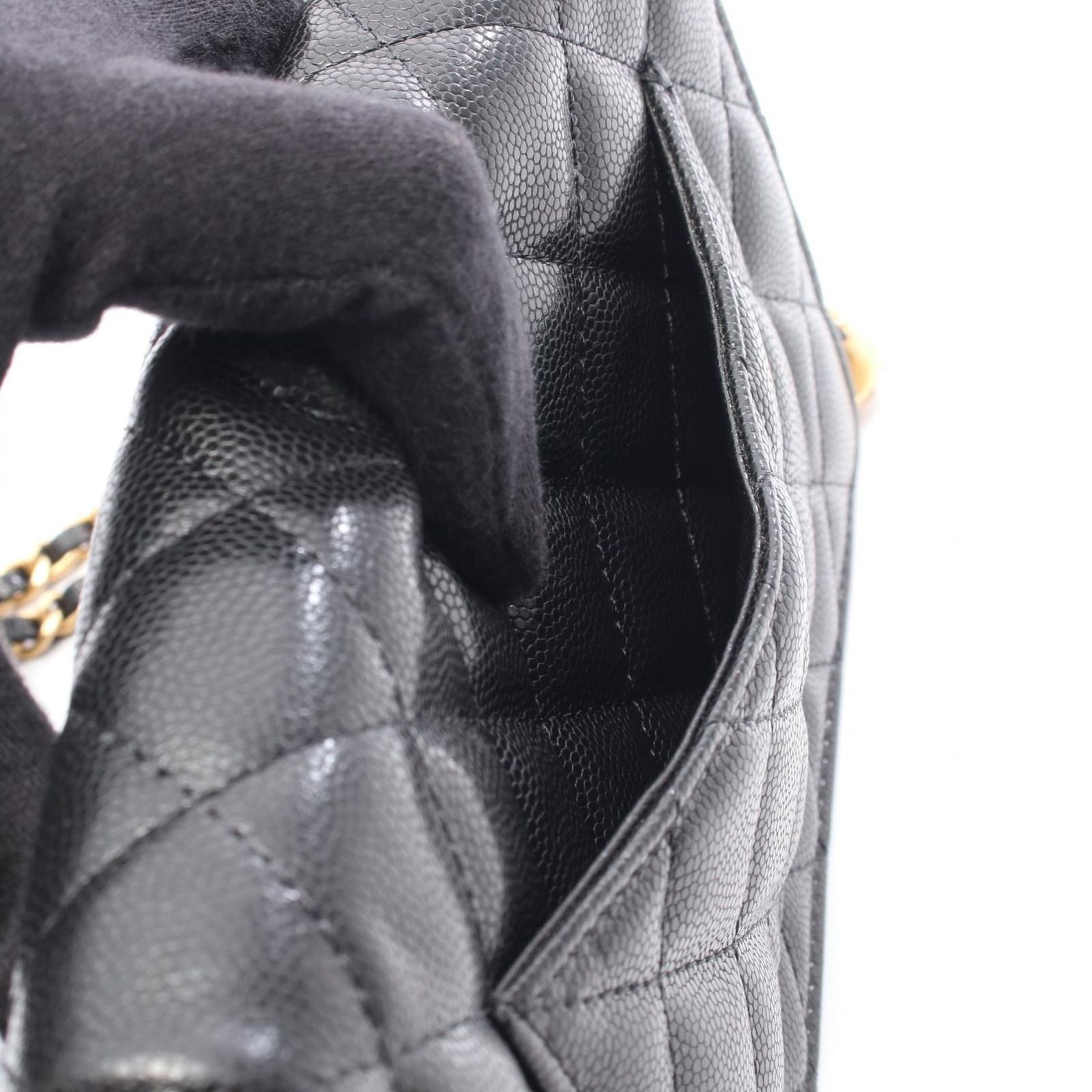 Chanel Shoulder Bag Quilted Black Caviar Leather Chain Wallet — view 6
