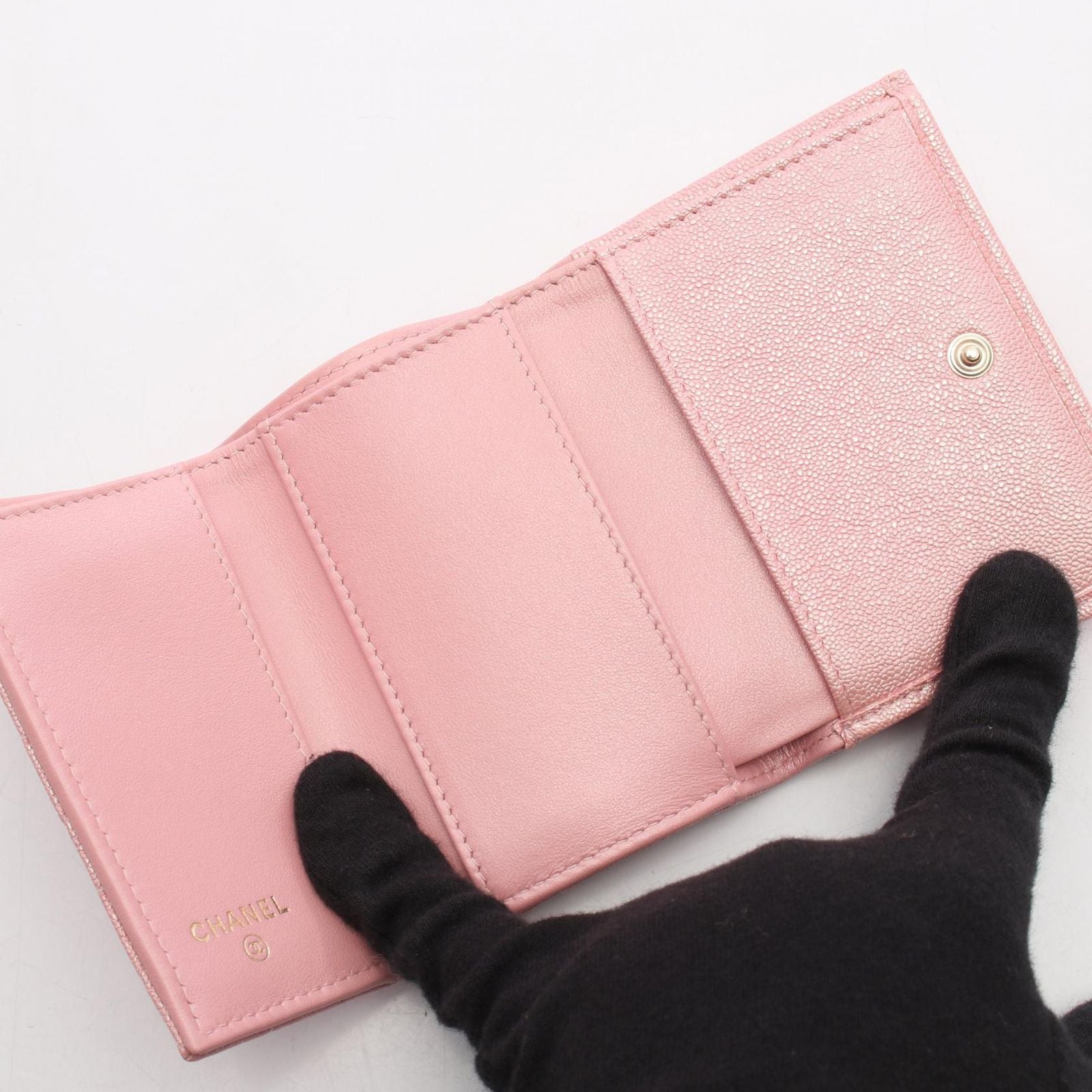 Chanel Trifold Wallet Classic Small Flap Quilted Metallic Pink Caviar Leather — view 3