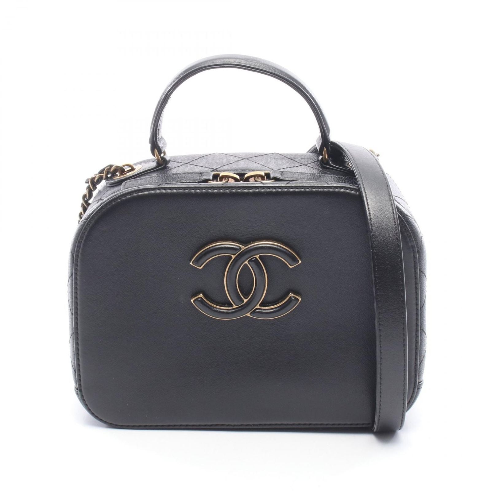 Chanel Shoulder Bag Quilted Top Handle 2-Way Black Leather Chain