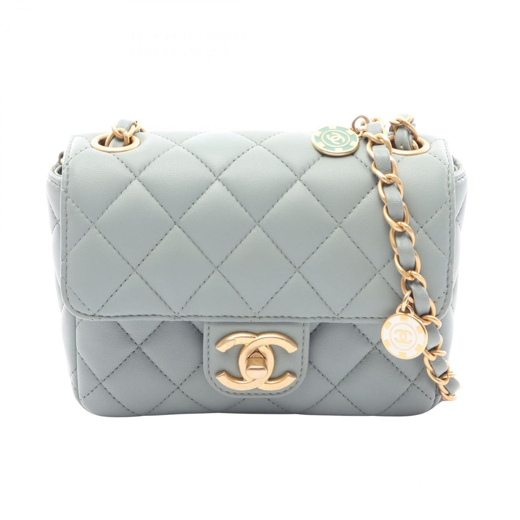 Chanel Shoulder Bag Mini Quilted Blue Gray Lambskin Chain