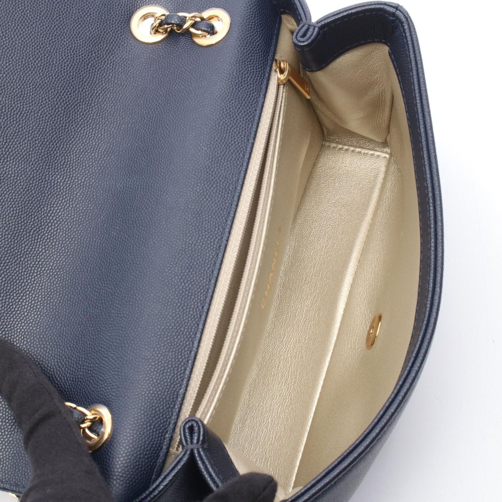 Chanel Shoulder Bag CC Logo Navy Gold Caviar Leather Chain — view 3