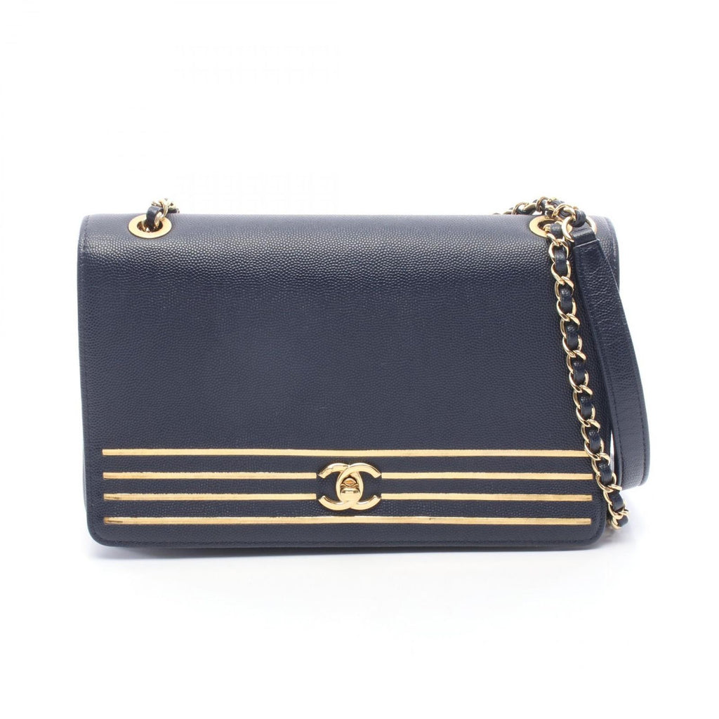 Chanel Shoulder Bag CC Logo Navy Gold Caviar Leather Chain