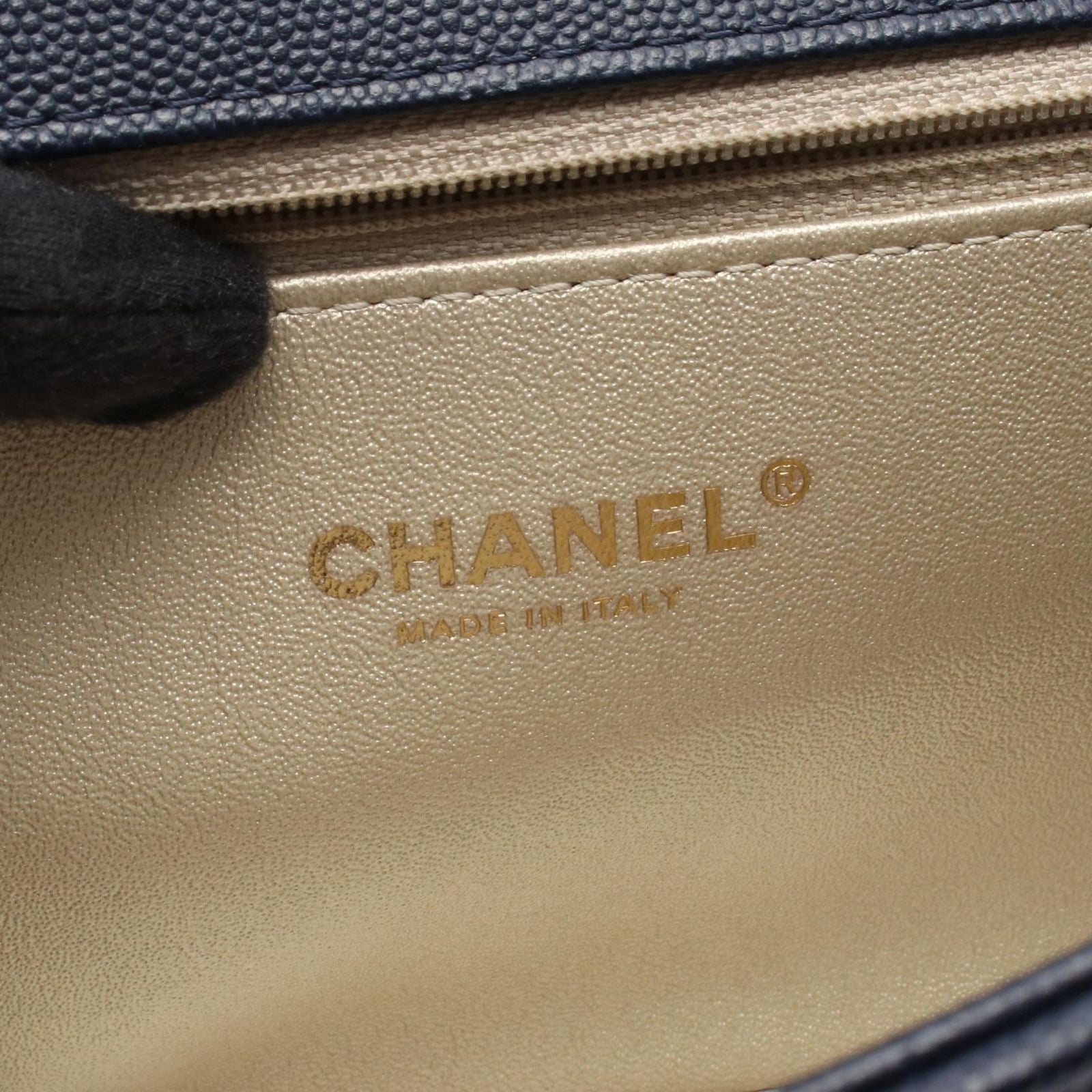 Chanel Shoulder Bag CC Logo Navy Gold Caviar Leather Chain — view 4