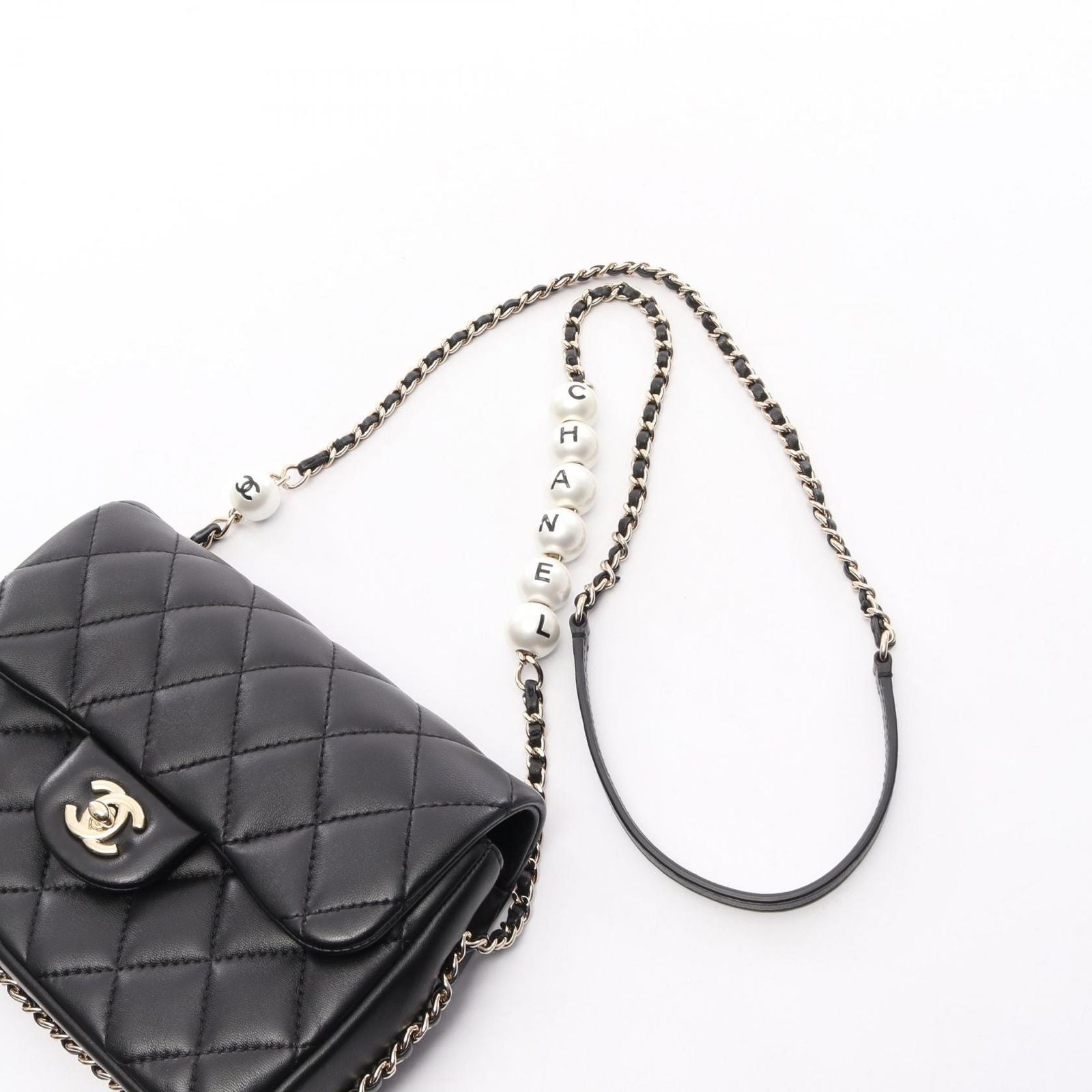 Chanel Shoulder Bag Quilted Chain Around Pearl Black Lambskin — view 9