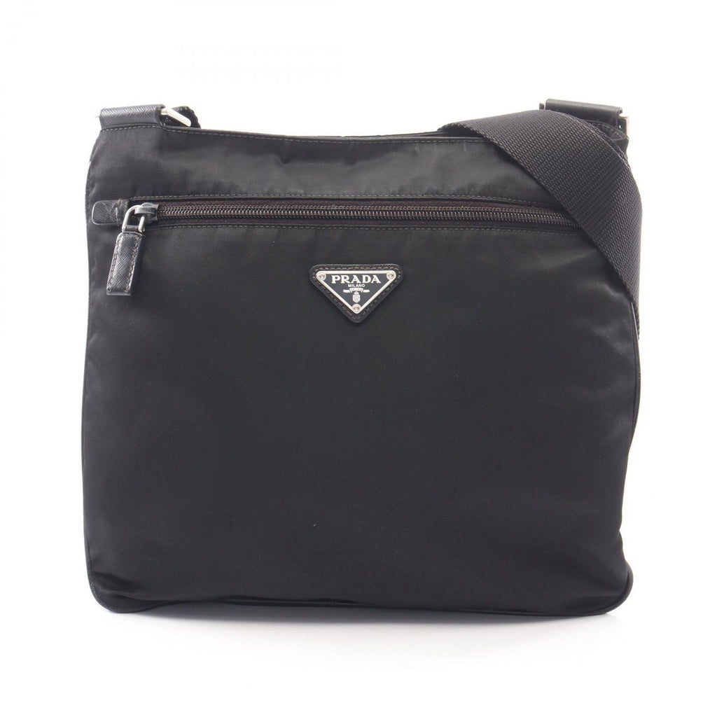 Prada Shoulder Bag Triangle Logo Black Nylon Saffiano Leather