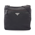 Prada Shoulder Bag Triangle Logo Black Nylon Saffiano Leather