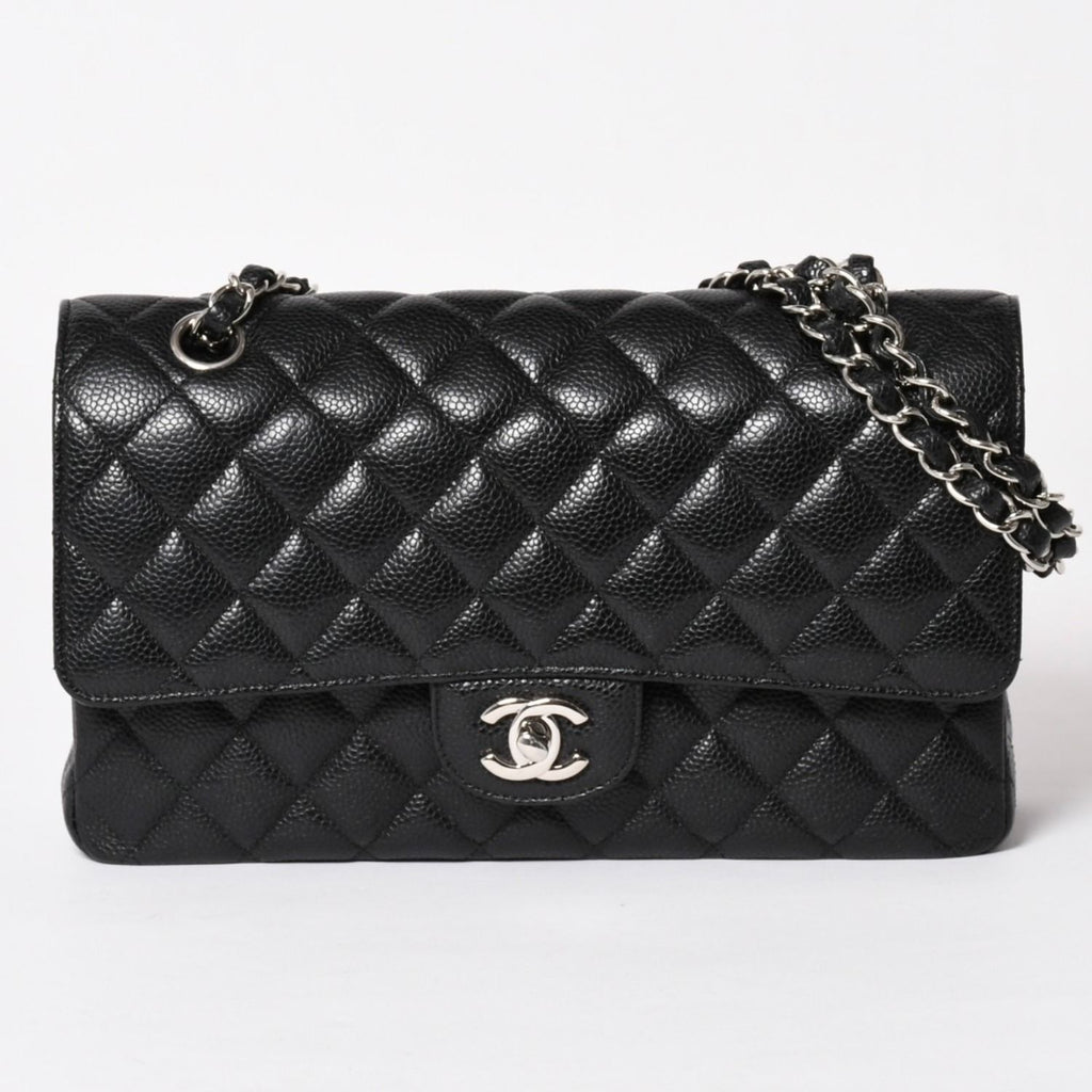 Chanel Quilted 25 Double Flap Chain Shoulder Bag CC Logo Caviar Leather Black