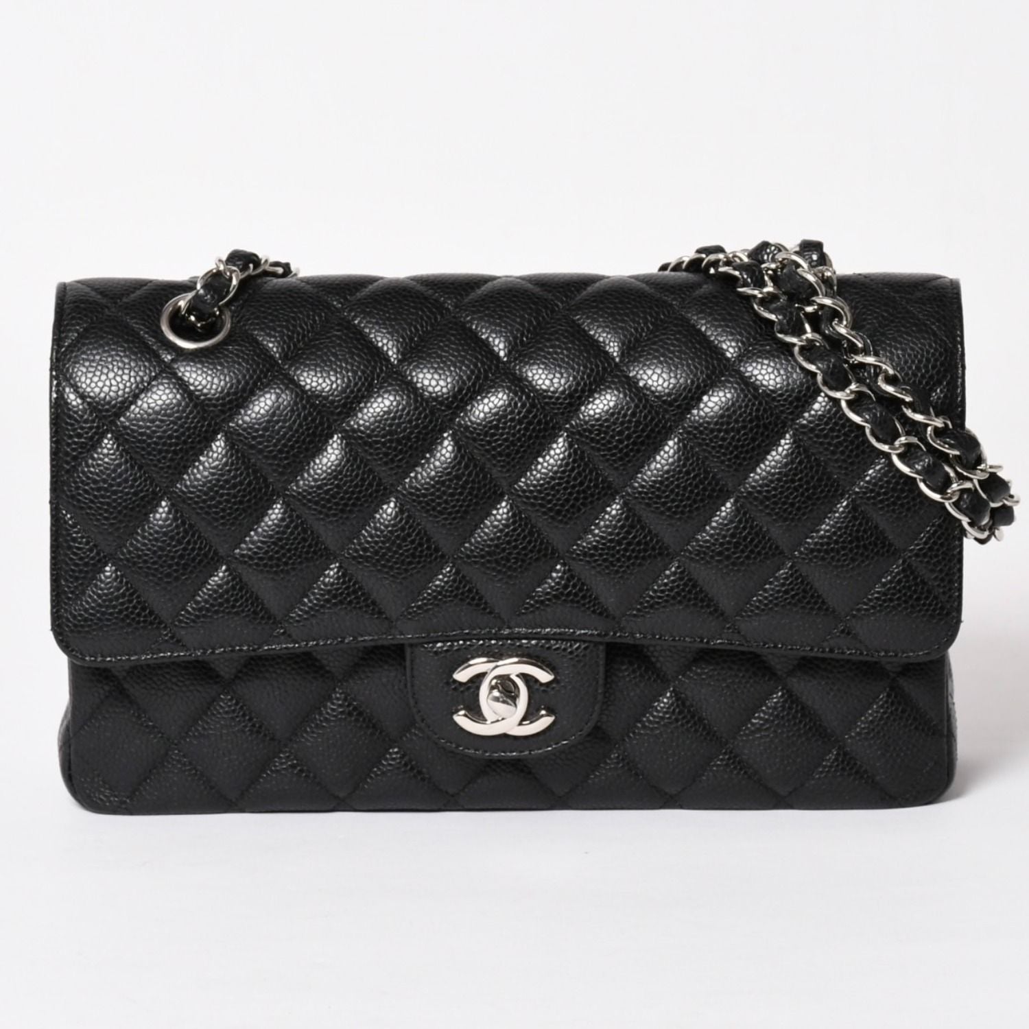 Chanel Quilted 25 Double Flap Chain Shoulder Bag CC Logo Caviar Leather Black