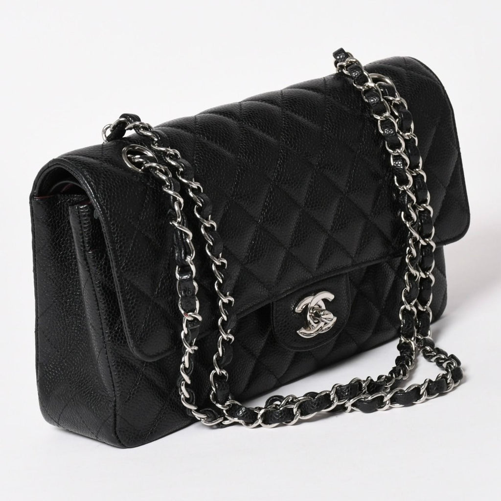 Chanel Quilted 25 Double Flap Chain Shoulder Bag CC Logo Caviar Leather Black — view 3