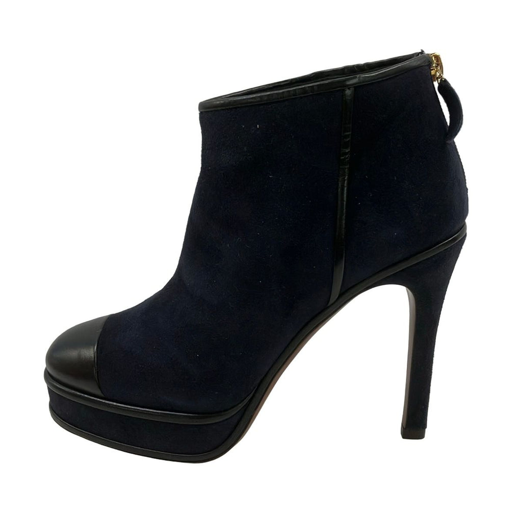Chanel Booties 38.5 C Dark Navy Black Leather Boot