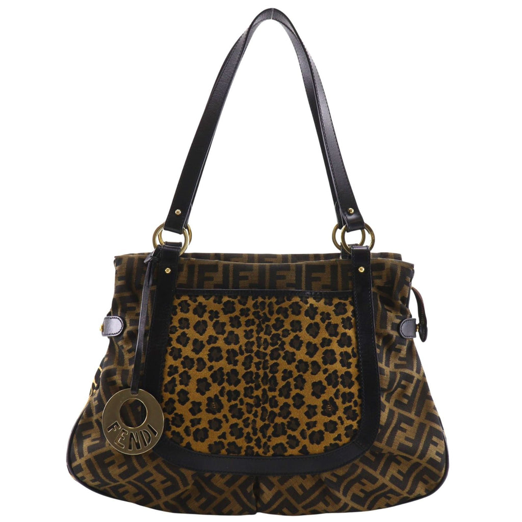 Fendi Zucca Leopard Nylon Canvas Brown Tote