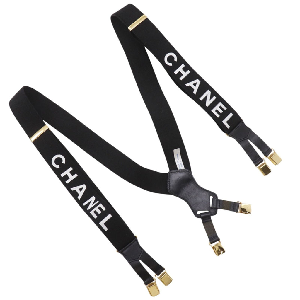 Chanel Logo Rubber Leather Gold Plated Black Suspenders