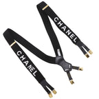 Chanel Logo Rubber Leather Gold Plated Black Suspenders