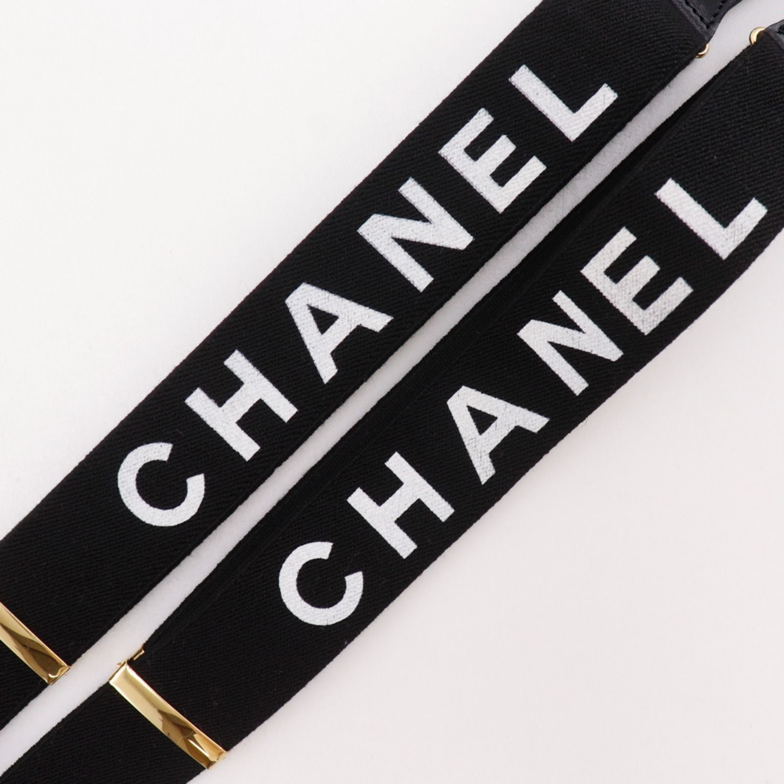 Chanel Logo Rubber Leather Gold Plated Black Suspenders — view 4
