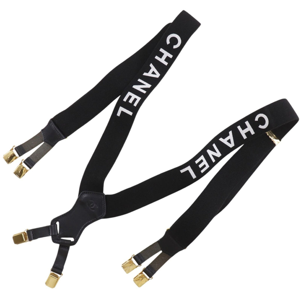 Chanel Logo Rubber Leather Gold Plated Black Suspenders — view 2