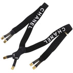 Chanel Logo Rubber Leather Gold Plated Black Suspenders — view 2