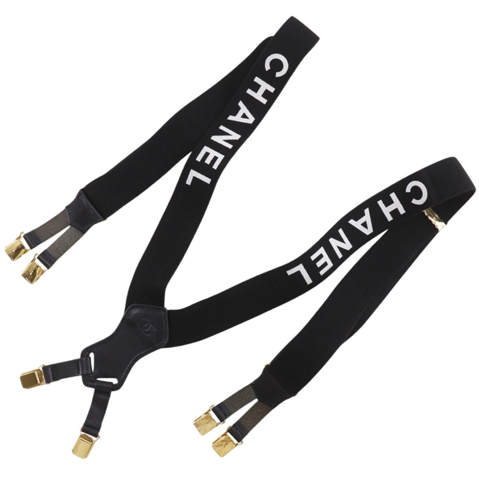 Chanel Logo Rubber Leather Gold Plated Black Suspenders — view 2