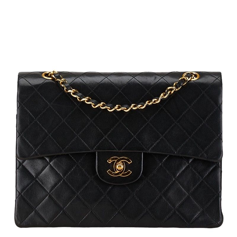 Chanel Quilted 25 CC Logo Double Flap Chain Shoulder Bag Black Lambskin