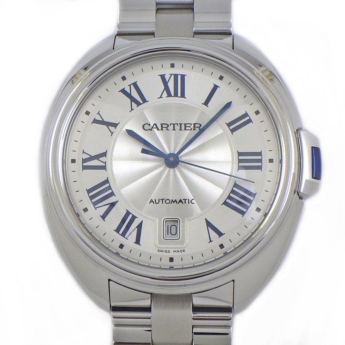Cartier Watch Cles Date Back Skew Silver Guilloche Dial Roman Index SS Automatic